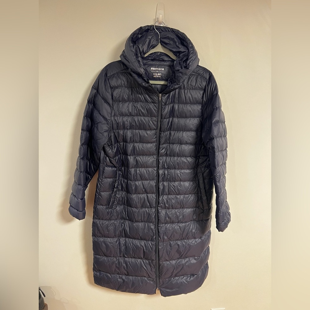 Simons Women's Navy Long Packable Puffer Coat with Hood
